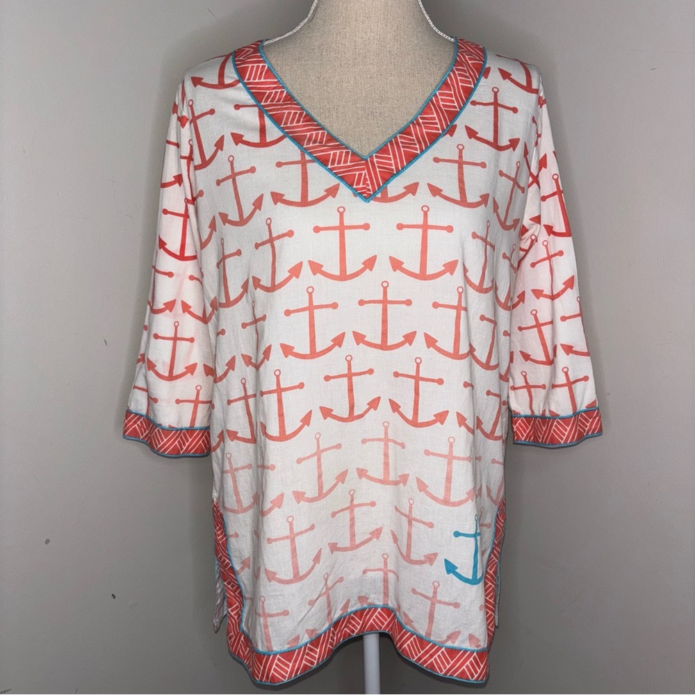 EcoAccents cotton tunic top coverup anchors nautical print peach white sz Medium